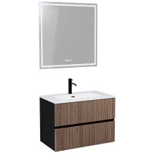 HD Torino Black-Oak 80 komplett fürdőszoba bútor fali mosdószekrénnyel, fényes fehér slim mosdóval és tükörrel