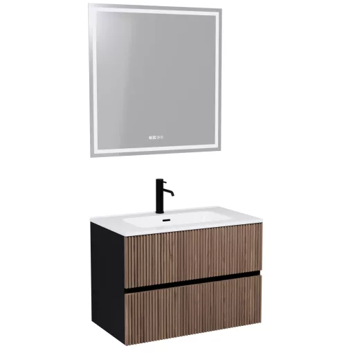 HD Torino Black-Oak 80 komplett fürdőszoba bútor fali mosdószekrénnyel, fényes fehér slim mosdóval és tükörrel