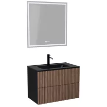 HD Ravello Pro Black-Oak 80 komplett fürdőszoba bútor fali push-to-open mosdószekrénnyel, matt fekete slim mosdóval és tükörrel