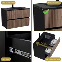 HD Torino Black-Oak 80 komplett fürdőszoba bútor fali mosdószekrénnyel, matt fekete slim mosdóval és tükörrel