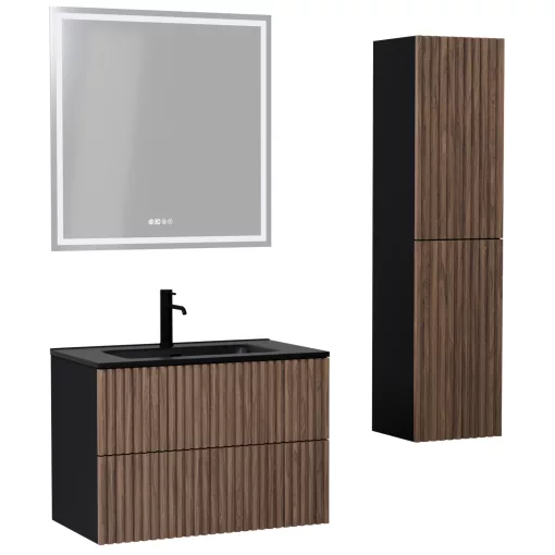HD Ravello Pro Black-Oak 80 komplett fürdőszoba bútor szett fali push-to-open mosdószekrénnyel, matt fekete slim mosdóval, tükörrel és magasszekrénnyel