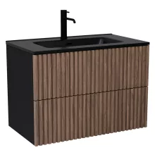 HD Ravello Pro Black-Oak 80 komplett fürdőszoba bútor szett fali push-to-open mosdószekrénnyel, matt fekete slim mosdóval, tükörrel és magasszekrénnyel