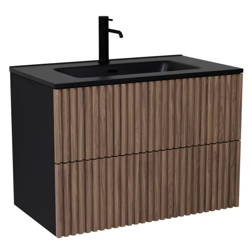 HD Ravello Pro Black-Oak 80 komplett fürdőszoba bútor szett fali push-to-open mosdószekrénnyel, matt fekete slim mosdóval, tükörrel és magasszekrénnyel