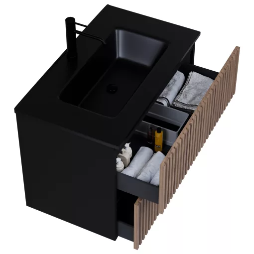 HD Ravello Pro Black-Oak 80 komplett fürdőszoba bútor szett fali push-to-open mosdószekrénnyel, matt fekete slim mosdóval, tükörrel és magasszekrénnyel