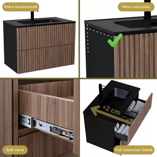 HD Ravello Pro Black-Oak 80 komplett fürdőszoba bútor szett fali push-to-open mosdószekrénnyel, matt fekete slim mosdóval, tükörrel és magasszekrénnyel