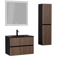 HD Torino Black-Oak 80 komplett fürdőszoba bútor szett fali mosdószekrénnyel, matt fekete slim mosdóval, tükörrel és magasszekrénnyel