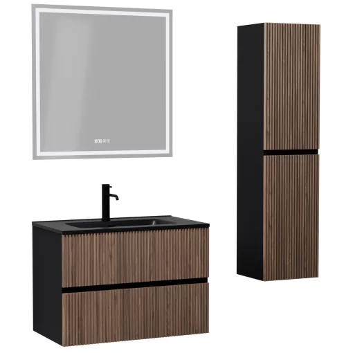 HD Torino Black-Oak 80 komplett fürdőszoba bútor szett fali mosdószekrénnyel, matt fekete slim mosdóval, tükörrel és magasszekrénnyel