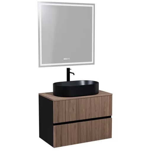 HD Turin Black-Oak 80 komplett fürdőszoba bútor fali mosdószekrénnyel, tölgyfa színű mosdópulttal és tükörrel