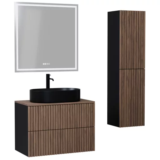 HD Rapallo Pro Black-Oak 80 komplett fürdőszoba bútor szett fali push-to-open mosdószekrénnyel, tölgyfa színű mosdópulttal, tükörrel és magasszekrénnyel