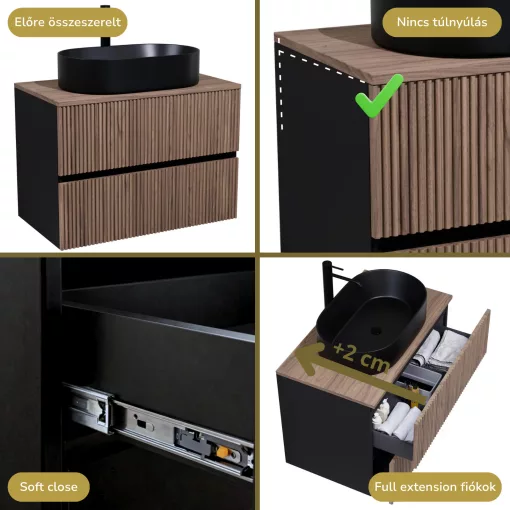 HD Turin Black-Oak 80 komplett fürdőszoba bútor szett fali mosdószekrénnyel, tölgyfa színű mosdópulttal, tükörrel és magasszekrénnyel