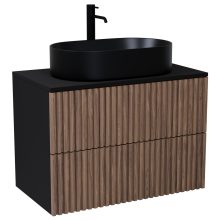 HD Rapallo Pro Black-Oak 80 komplett fürdőszoba bútor szett fali push-to-open mosdószekrénnyel, fekete mosdópulttal, tükörrel és magasszekrénnyel