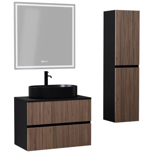 HD Turin Black-Oak 80 komplett fürdőszoba bútor szett fali mosdószekrénnyel, fekete mosdópulttal, tükörrel és magasszekrénnyel
