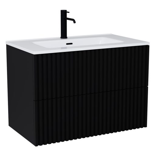 HD Ravello Pro Matt Black 80 fali mosdószekrény, push-to-open mechanizmussal, fényes fehér slim mosdóval