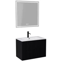 HD Ravello Pro Matt Black 80 komplett fürdőszoba bútor fali push-to-open mosdószekrénnyel, fényes fehér slim mosdóval és tükörrel
