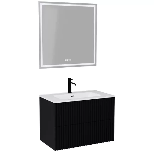 HD Ravello Pro Matt Black 80 komplett fürdőszoba bútor fali push-to-open mosdószekrénnyel, fényes fehér slim mosdóval és tükörrel
