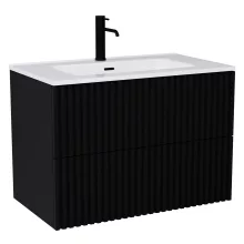 HD Ravello Pro Matt Black 80 komplett fürdőszoba bútor fali push-to-open mosdószekrénnyel, fényes fehér slim mosdóval és tükörrel