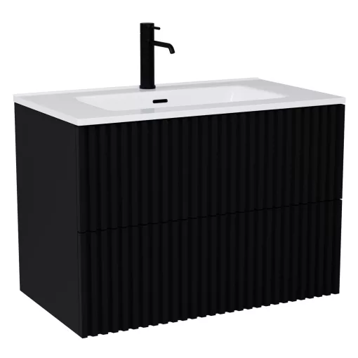 HD Ravello Pro Matt Black 80 komplett fürdőszoba bútor fali push-to-open mosdószekrénnyel, fényes fehér slim mosdóval és tükörrel
