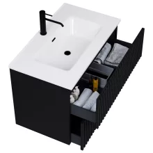 HD Ravello Pro Matt Black 80 komplett fürdőszoba bútor fali push-to-open mosdószekrénnyel, fényes fehér slim mosdóval és tükörrel