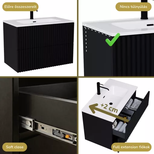 HD Ravello Pro Matt Black 80 komplett fürdőszoba bútor fali push-to-open mosdószekrénnyel, fényes fehér slim mosdóval és tükörrel