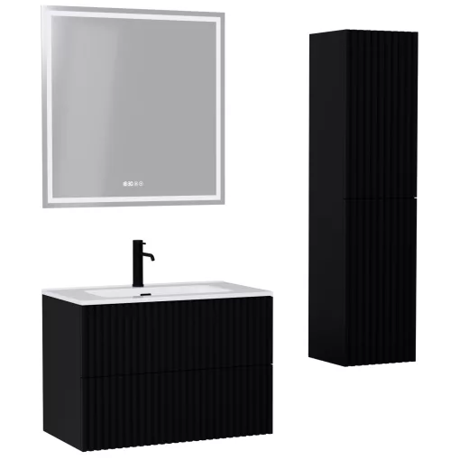 HD Ravello Pro Matt Black 80 komplett fürdőszoba bútor szett fali push-to-open mosdószekrénnyel, fényes fehér slim mosdóval, tükörrel és magasszekrénnyel