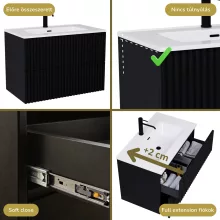 HD Ravello Pro Matt Black 80 komplett fürdőszoba bútor szett fali push-to-open mosdószekrénnyel, fényes fehér slim mosdóval, tükörrel és magasszekrénnyel
