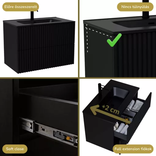 HD Ravello Pro Matt Black 80 komplett fürdőszoba bútor fali push-to-open mosdószekrénnyel, matt fekete slim mosdóval és tükörrel