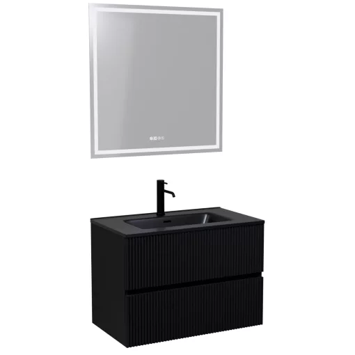 HD Torino Matt Black 80 komplett fürdőszoba bútor fali mosdószekrénnyel, matt fekete slim mosdóval és tükörrel