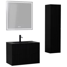 HD Ravello Pro Matt Black 80 komplett fürdőszoba bútor szett fali push-to-open mosdószekrénnyel, matt fekete slim mosdóval, tükörrel és magasszekrénnyel