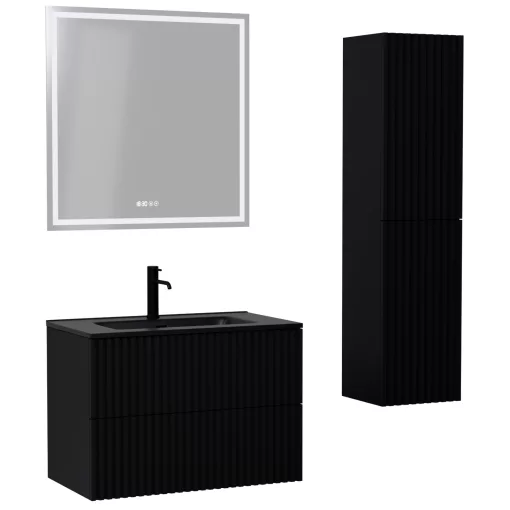 HD Ravello Pro Matt Black 80 komplett fürdőszoba bútor szett fali push-to-open mosdószekrénnyel, matt fekete slim mosdóval, tükörrel és magasszekrénnyel