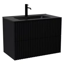 HD Ravello Pro Matt Black 80 komplett fürdőszoba bútor szett fali push-to-open mosdószekrénnyel, matt fekete slim mosdóval, tükörrel és magasszekrénnyel