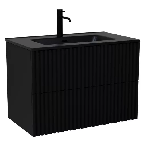 HD Ravello Pro Matt Black 80 komplett fürdőszoba bútor szett fali push-to-open mosdószekrénnyel, matt fekete slim mosdóval, tükörrel és magasszekrénnyel