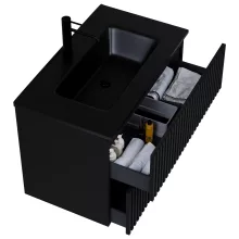 HD Ravello Pro Matt Black 80 komplett fürdőszoba bútor szett fali push-to-open mosdószekrénnyel, matt fekete slim mosdóval, tükörrel és magasszekrénnyel