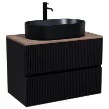 HD Turin Matt Black 80 komplett fürdőszoba bútor fali mosdószekrénnyel, tölgyfa színű mosdópulttal és tükörrel
