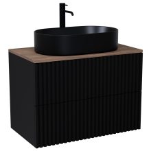 HD Rapallo Pro Matt Black 80 komplett fürdőszoba bútor szett fali push-to-open mosdószekrénnyel, tölgyfa színű mosdópulttal, tükörrel és magasszekrénnyel