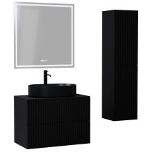 HD Rapallo Pro Matt Black 80 komplett fürdőszoba bútor szett fali push-to-open mosdószekrénnyel, fekete mosdópulttal, tükörrel és magasszekrénnyel