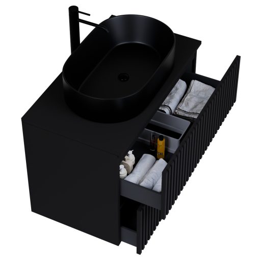 HD Rapallo Pro Matt Black 80 komplett fürdőszoba bútor szett fali push-to-open mosdószekrénnyel, fekete mosdópulttal, tükörrel és magasszekrénnyel