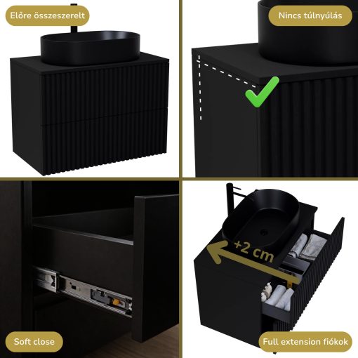 HD Rapallo Pro Matt Black 80 komplett fürdőszoba bútor szett fali push-to-open mosdószekrénnyel, fekete mosdópulttal, tükörrel és magasszekrénnyel