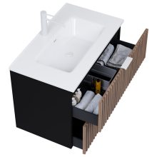 HD Ravello Black-Oak 80 fali mosdószekrény matt fehér fogantyúkkal és fényes fehér slim mosdóval