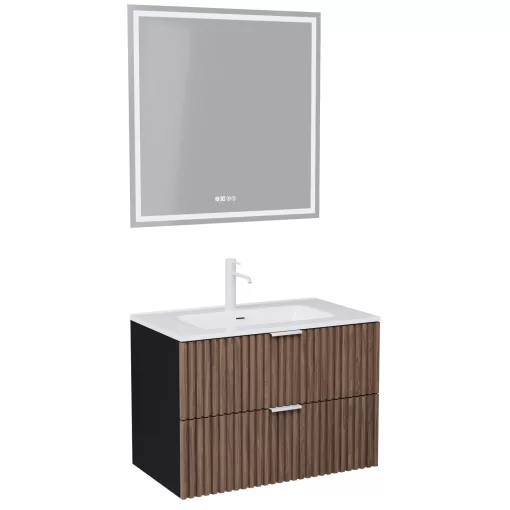 HD Ravello Black-Oak 80 komplett fürdőszoba bútor fali mosdószekrénnyel, matt fehér fogantyúkkal, fényes fehér slim mosdóval és tükörrel