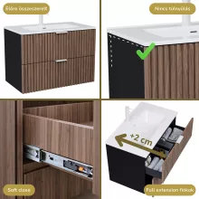 HD Ravello Black-Oak 80 komplett fürdőszoba bútor szett fali mosdószekrénnyel, matt fehér fogantyúkkal, fényes fehér slim mosdóval, tükörrel és magasszekrénnyel