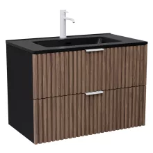 HD Ravello Black-Oak 80 komplett fürdőszoba bútor fali mosdószekrénnyel, matt fehér fogantyúkkal, matt fekete slim mosdóval és tükörrel