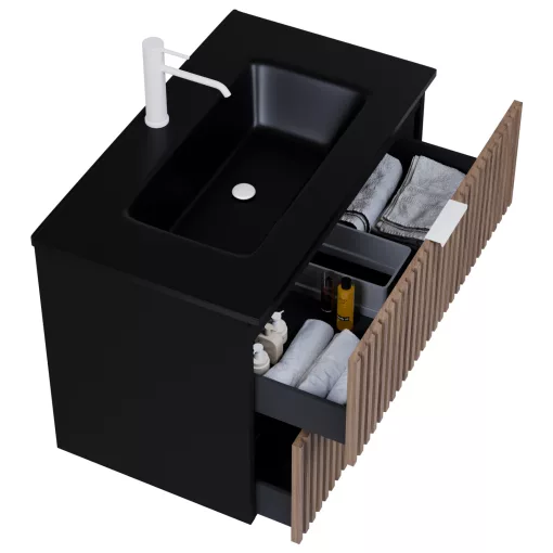 HD Ravello Black-Oak 80 komplett fürdőszoba bútor fali mosdószekrénnyel, matt fehér fogantyúkkal, matt fekete slim mosdóval és tükörrel