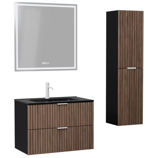 HD Ravello Black-Oak 80 komplett fürdőszoba bútor szett fali mosdószekrénnyel, matt fehér fogantyúkkal, matt fekete slim mosdóval, tükörrel és magasszekrénnyel