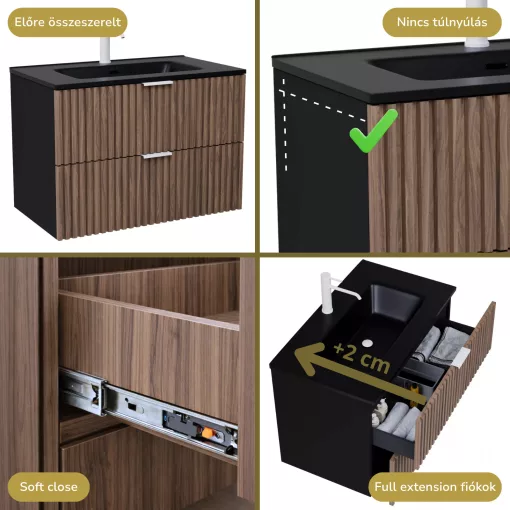 HD Ravello Black-Oak 80 komplett fürdőszoba bútor szett fali mosdószekrénnyel, matt fehér fogantyúkkal, matt fekete slim mosdóval, tükörrel és magasszekrénnyel
