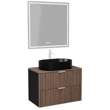 HD Rapallo Black-Oak 80 komplett fürdőszoba bútor fali mosdószekrénnyel, matt fehér fogantyúkkal, tölgyfa színű mosdópulttal és tükörrel