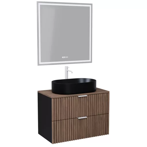 HD Rapallo Black-Oak 80 komplett fürdőszoba bútor fali mosdószekrénnyel, matt fehér fogantyúkkal, tölgyfa színű mosdópulttal és tükörrel