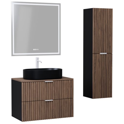 HD Rapallo Black-Oak 80 komplett fürdőszoba bútor szett fali mosdószekrénnyel, matt fehér fogantyúval, tölgyfa színű mosdópulttal, tükörrel és magasszekrénnyel