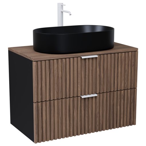 HD Rapallo Black-Oak 80 komplett fürdőszoba bútor szett fali mosdószekrénnyel, matt fehér fogantyúval, tölgyfa színű mosdópulttal, tükörrel és magasszekrénnyel