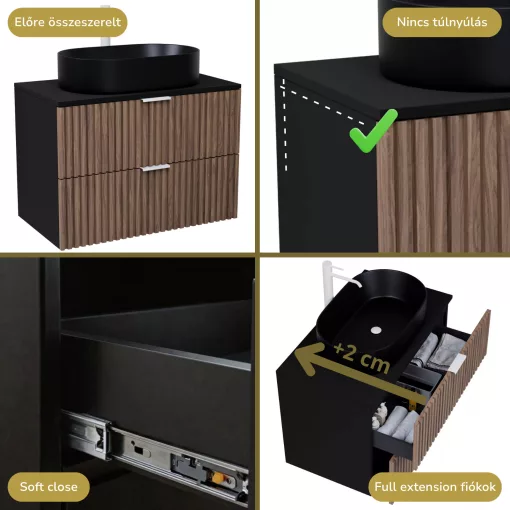 HD Rapallo Black-Oak 80 fali mosdószekrény matt fekete mosdópulttal és matt fehér fogantyúkkal
