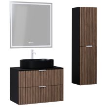 HD Rapallo Black-Oak 80 komplett fürdőszoba bútor szett fali mosdószekrénnyel, matt fehér fogantyúval, fekete mosdópulttal, tükörrel és magasszekrénnyel